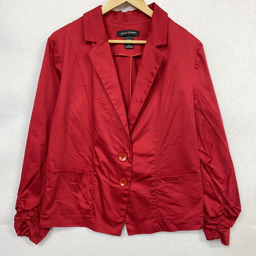 Ashley Stewart Women 16 Blazer Jacket Red Gathered Sleeve Career Professional
